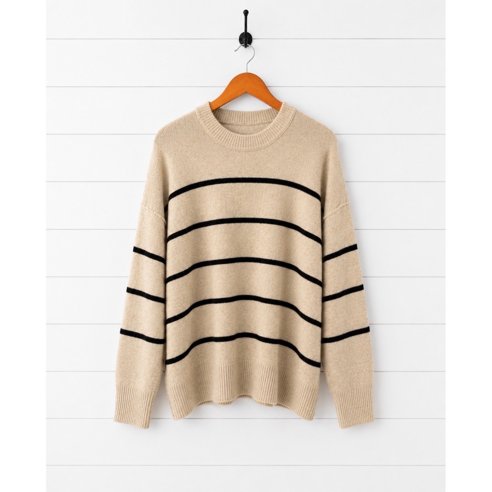 Aerie Women Tan Black Striped Oversized Crewneck Sweater Size Medium Relaxed Fit